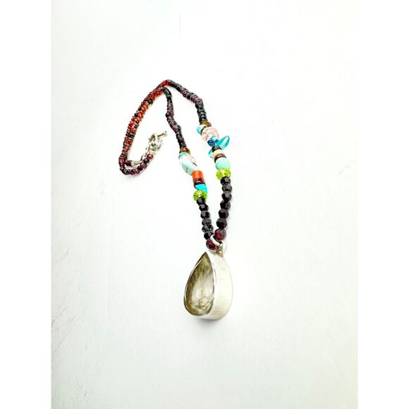 Golden Rutile Quartz Pendant Garnet Turquoise Coral Black Spinel Beaded Neckace - Picture 8 of 8